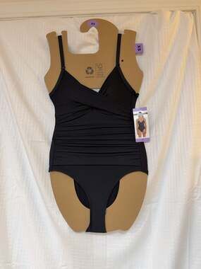 DKNY Ruched Front One-Piece V-Neck Swimsuit in Black